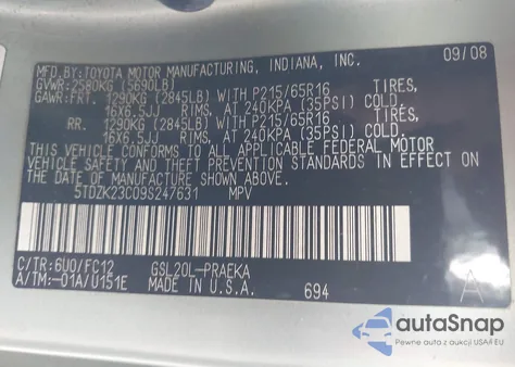 2009 Toyota Sienna Le z USA, uszkodzony, nr VIN 5TDZK23C09S247631